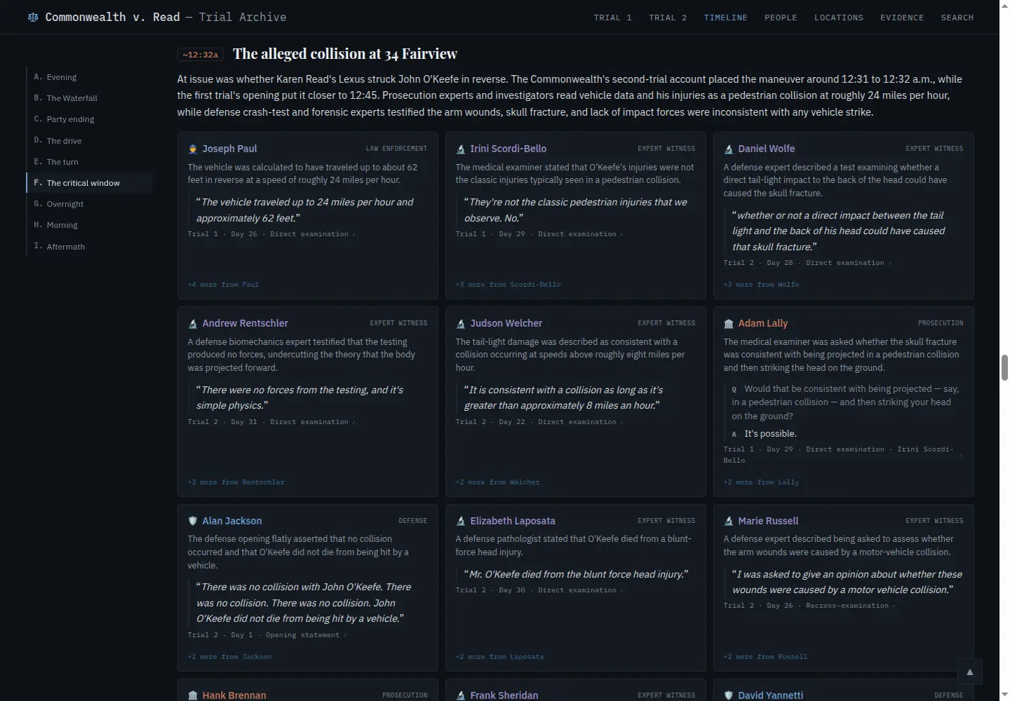 Commonwealth v. Read timeline placing prosecution, defense, investigator, and expert accounts of a disputed event side by side with transcript links