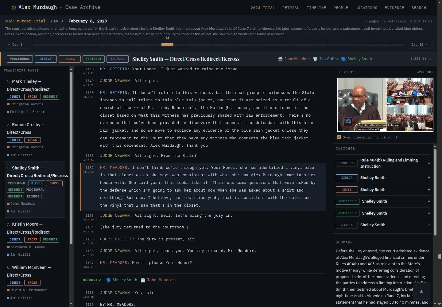 Alex Murdaugh archive transcript viewer with synchronized video and proceeding context
