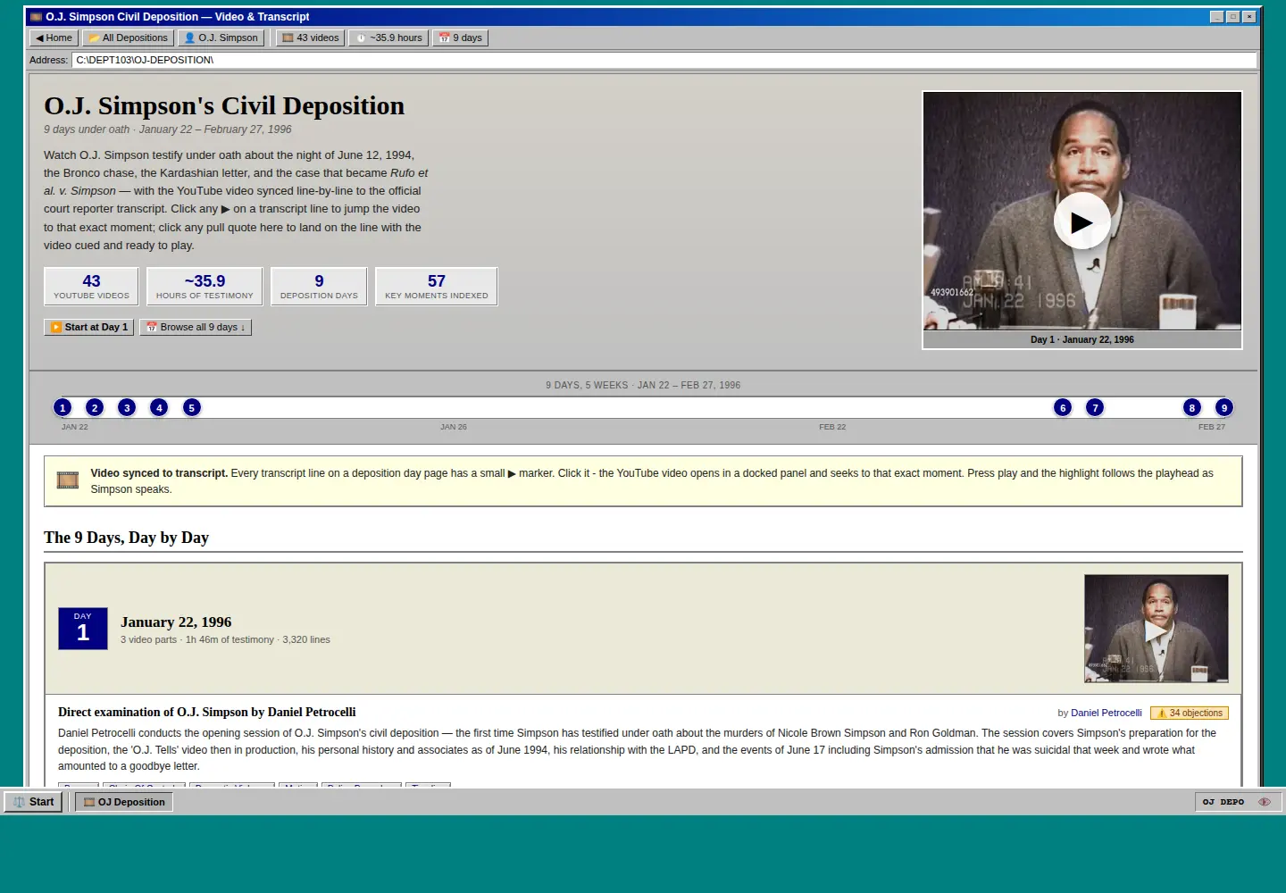 The Simpson Matter O.J. Simpson civil deposition page using a Windows 95 visual system with video, transcript statistics, and a nine-day navigator